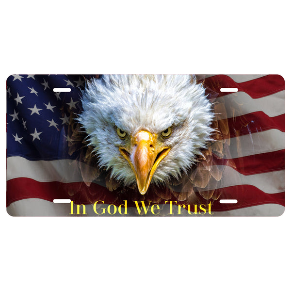 Personalized Custom In God We Trust  Novelty Front License Plate - Eagle- Flag - decorative auto tag - Wall Decor - Sign - Room Art Sign -