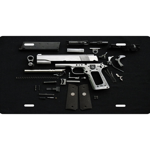 Exploded 45 Handgun Novelty Front License Plate - Car - Gun - decorative auto tag - Wall Decor - Sign - Room Art Sign - Man Cave - She Shed